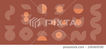 Boho style linear element collection. Terracotta wave forms frame design. Bohemian decorative ornamental border shapes for badge, icon, poster, banner, template. Vector bundle Boho style linear element collection. Terracotta wave forms frame design. Bohemian decorative ornamental border shapes for badge, icon, poster, banner, template. Vector bundle 106989590