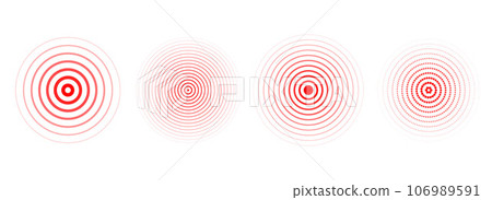Red concentric ripple circles set. Sonar or sound wave rings collection. Epicentre, target, radar icon concept. Radial signal or vibration elements. Halftone line vector illustration Red concentric ripple circles set. Sonar or sound wave rings collection. Epicentre, target, radar icon concept. Radial signal or vibration elements. Halftone line vector illustration 106989591
