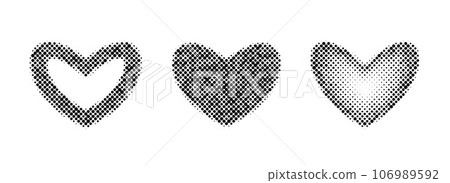 Halftone hearts set. Dotted grunge heart shapes collection for template, icon, banner, poster, collage. Black love signs and frames with gradient and grain. Vector illustration Halftone hearts set. Dotted grunge heart shapes collection for template, icon, banner, poster, collage. Black love signs and frames with gradient and grain. Vector illustration 106989592