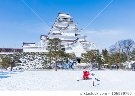 日本名城百選：雪天的敦賀城（會津若松城）、天守閣、赤壁子 106989793