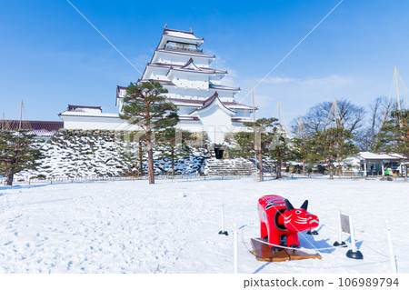 日本名城百選：雪天的敦賀城（會津若松城）、天守閣、赤壁子 106989794
