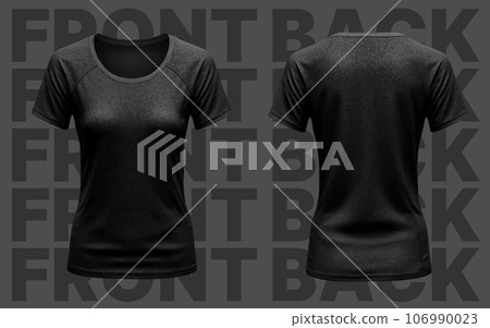 Tshirt Black Woman, Template Shirt Front Back Isolated Blank Female Mockup, Textile Realistic Clothes with Text Background Tshirt Black Woman, Template Shirt Front Back Isolated Blank Female Mockup, Textile Realistic Clothes with Text Background 106990023
