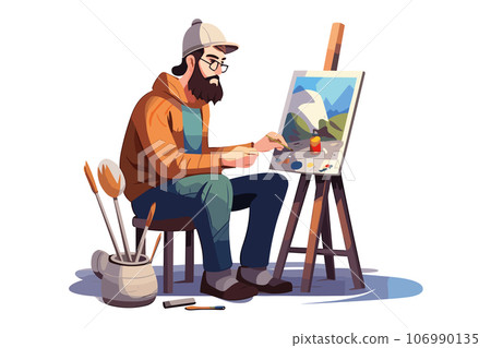 Young man artist siting and making drawing on canvas feeling creative. Young man artist siting and making drawing on canvas feeling creative. 106990135