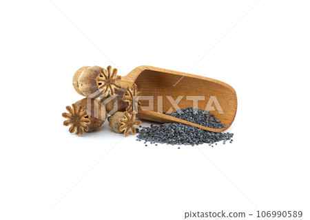 Dried poppy pod on heap of poppy seeds over white 106990589
