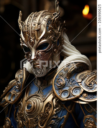 Epic knight in fantasy style in mask and armor with golden patterns. AI Epic knight in fantasy style in mask and armor with golden patterns. AI 106990625