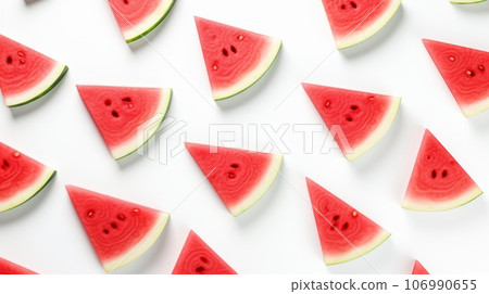 An artistic composition of sliced watermelon, arranged in a geometric pattern. 106990655
