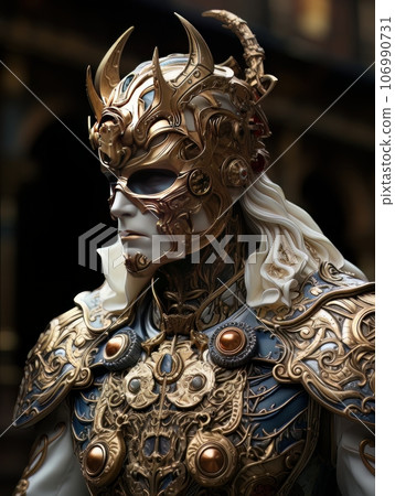 Epic knight in fantasy style in mask and armor with golden patterns. AI 106990731