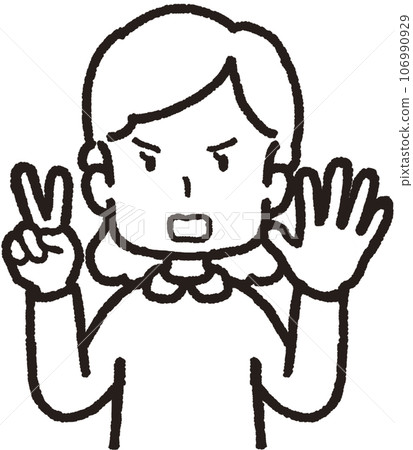 上半身線畫插圖一個憤怒的女人做 25 個手勢，左手 5 個手指，右手 2 個手指 106990929