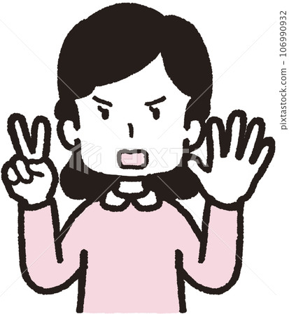 Upper body illustration of an angry woman doing the 25 hand sign with five fingers on her left hand and two fingers on her right hand 106990932