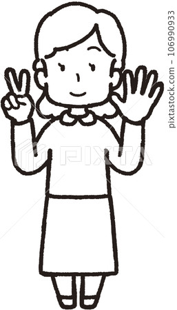 Full body line drawing illustration of a smiling woman making 25 hand signs with 5 fingers on her left hand and 2 fingers on her right hand Full body line drawing illustration of a smiling woman making 25 hand signs with 5 fingers on her left hand and 2 fingers on her right hand 106990933
