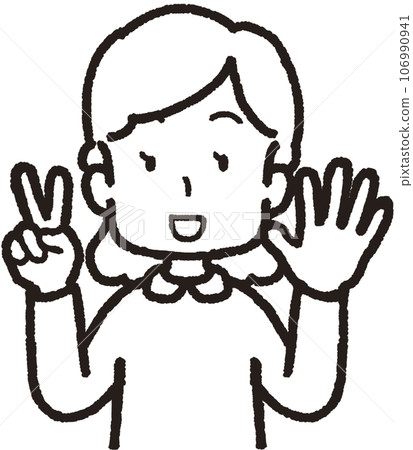 上半身線畫插圖，一個笑著的女人用左手 5 個手指和右手 2 個手指做 25 個手勢 106990941