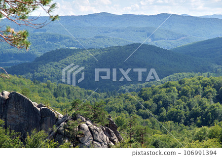 Summer mountains landscape with huge boulders among evergreen woods under bright sky 106991394