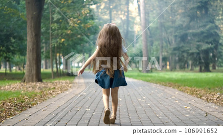 Rear view of a little child girl in summer dress walking alone in green park. 106991652