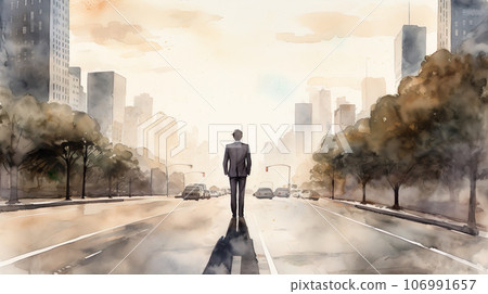一個穿著西裝的男人走在路上的背影水彩插圖“AI生成圖像” 一個穿著西裝的男人走在路上的背影水彩插圖“AI生成圖像” 106991657