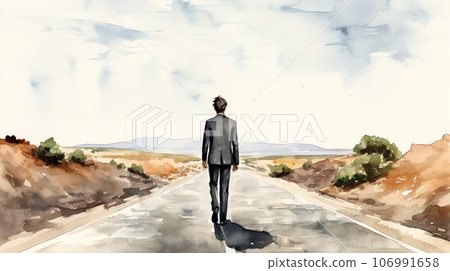 一個穿著西裝的男人走在路上的背影水彩插圖“AI生成圖像” 一個穿著西裝的男人走在路上的背影水彩插圖“AI生成圖像” 106991658