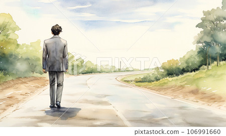 Watercolor illustration of the back view of a man in a suit walking on the road "AI generated image" 106991660