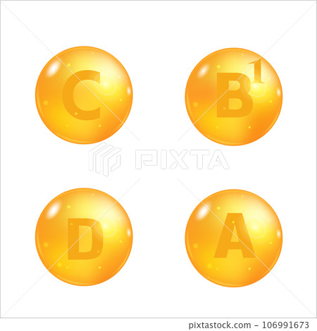 Set of multi vitamin complex. Vitamin A, B, C, D . Vector 106991673