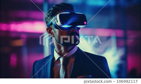 A white businessman wearing VR goggles and working in a virtual metaverse space 106992117