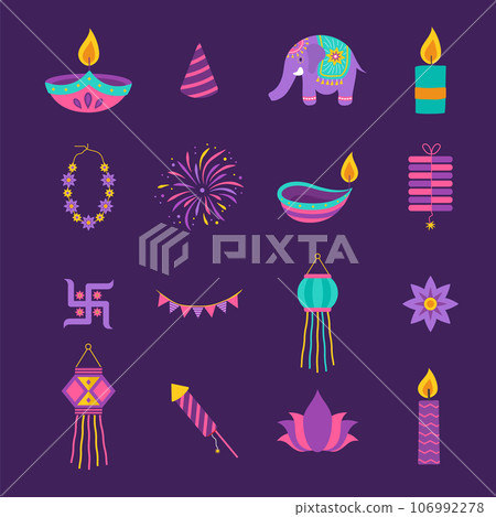 Diwali elements. Indian festival of lights icon set. Colorful deepavali signs on purple background. Vector illustration in flat cartoon style 106992278