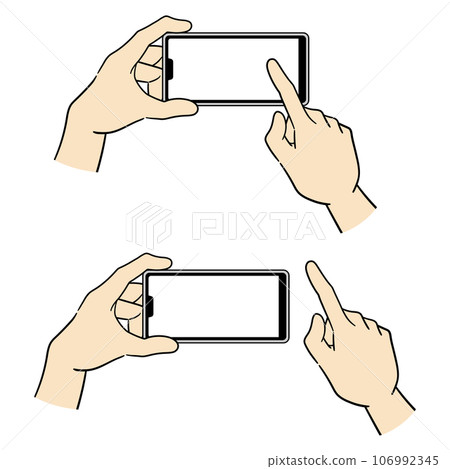 Illustration of hands operating a smartphone [horizontal holding] 106992345