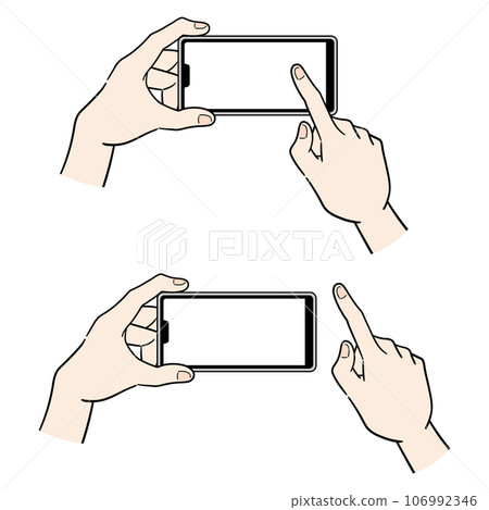 Illustration of a woman's hand operating a smartphone [horizontal holding] 106992346