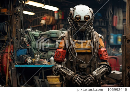 Robot repairman in a car repair shop. He stands in dirty work clothes and looks at the camera. Robot repairman in a car repair shop. He stands in dirty work clothes and looks at the camera. 106992446