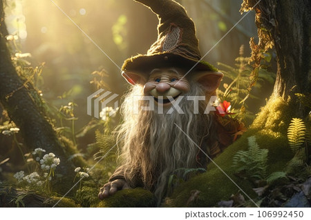 The gnome guardian of the forest looks at the camera smiling. 106992450