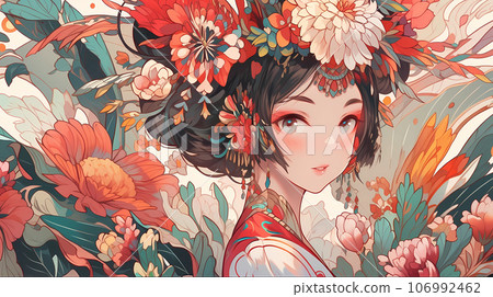 手绘卡通唯美的中国古风美女插画 106992462