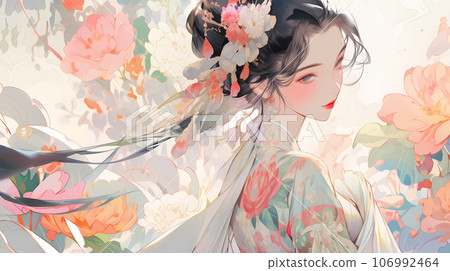 手绘卡通唯美的中国古风美女插画 106992464