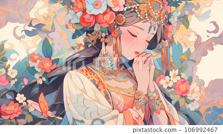 手绘卡通唯美的中国古风美女插画 106992467