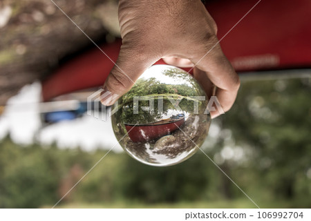Canoe ride on river and islands in morning mist at Kejimkujik National Park Designated Wilderness Nova Scotia Canada 106992704