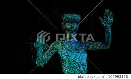 Metaverse concept. Woman with VR virtual reality goggles is working. 3D render. 106993158