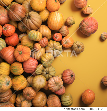 Autumn composition of orange pumpkins on white table background. Autumn composition of orange pumpkins on white table background. 106993179
