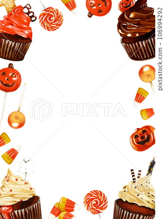 Hand drawn watercolor Halloween frame with cupcakes and sweets 106994292