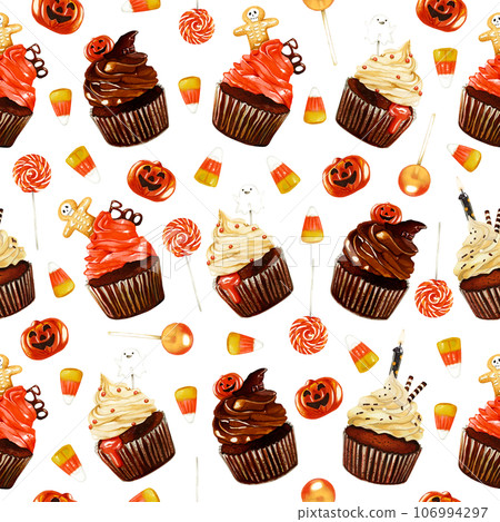 Watercolor Halloween seamless pattern illustration. Funny Halloween print with lollypops, candy corn, cakes and pumpkin isolated on white background. Creepy 31 of October holiday wallpaper. 106994297