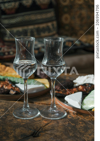 Traditional Albanian food restaurant in the city centre offering lunch and fresh rakia Traditional Albanian food restaurant in the city centre offering lunch and fresh rakia 106994706
