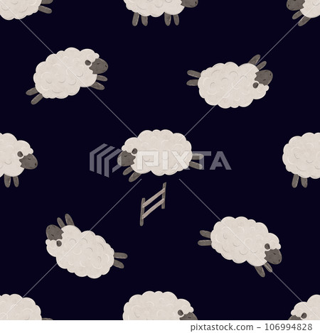 Seamless pattern with Cute cartoon baby Sheep jumping over the fence. Good night. Counting sheep for insomnia. Endless background in scandinavian style with magical stars. Digital illustration for 106994828