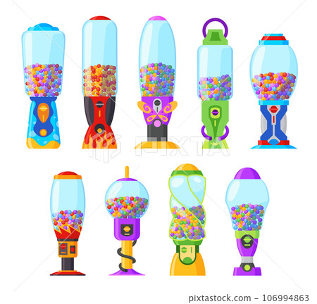 Gumball machine, icons set. Transparent round glass candy dispenser with colorful bubble gum. Vending machine. Container sweets balls penny coin. Vector illustration isolated on white 106994863