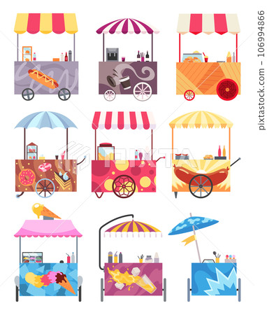 Street fast food stall. Set of mobile food carts. Pizza, hamburger and hot dog fast food street shops 106994866