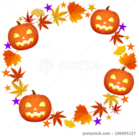 Halloween circle frame with glowing jack-o-lanterns and autumn plants Halloween circle frame with glowing jack-o-lanterns and autumn plants 106995157