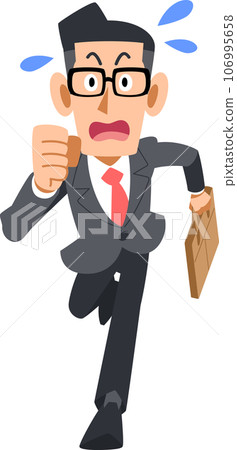 A businessman wearing glasses running impatiently with his bag 106995658