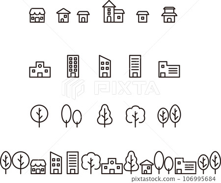 城市景觀住宅建築樹圖示象形圖處理簡單線條插圖素材集 106995684