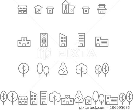 城市景觀住宅建築樹圖示象形圖處理簡單線條插圖素材集 106995685