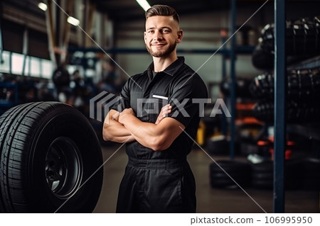 Portrait of smiling professional mechanic and new car tyre at auto repair shop. Technician man at auto repair service center. Changing tire shop. Repair or maintenance auto service. Generative AI. 106995950