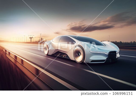 Electric sport car running on the morning road in future city Created with Generative AI technology. Electric sport car running on the morning road in future city Created with Generative AI technology. 106996151