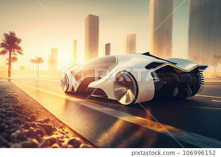 Electric sport car running on the morning road in future city Created with Generative AI technology. Electric sport car running on the morning road in future city Created with Generative AI technology. 106996152
