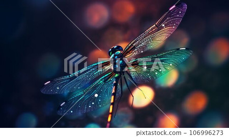Beautiful colorful dragonfly on rainbow bokeh background Created with Generative AI technology. Beautiful colorful dragonfly on rainbow bokeh background Created with Generative AI technology. 106996273