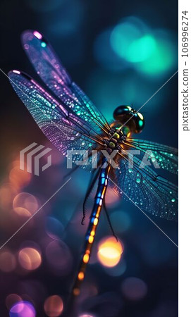 Beautiful colorful dragonfly on rainbow bokeh background Created with Generative AI technology. 106996274