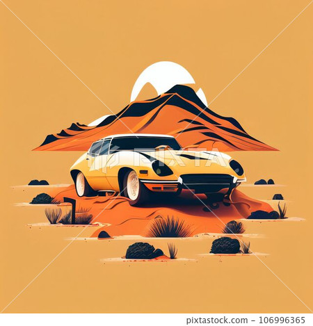 Illustration of minimalist sport car on landscape background Created with Generative AI technology. 106996365