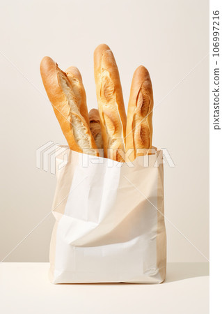 freshly baked baguette in paper bag on white background freshly baked baguette in paper bag on white background 106997216